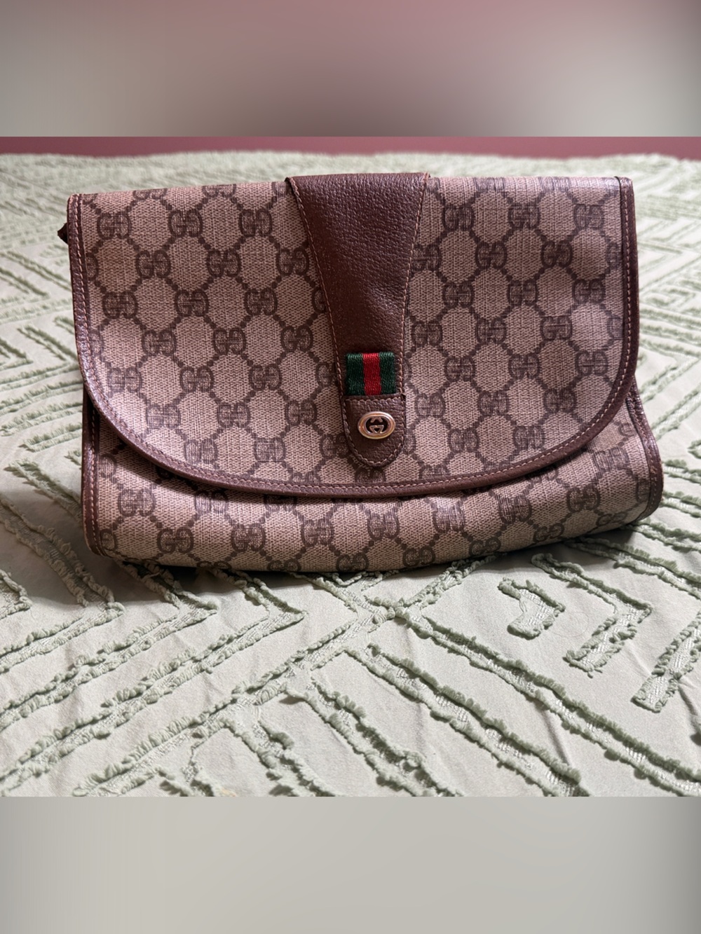 Gucci Red and Green  Monogram Canvas Clutch with Web Detail